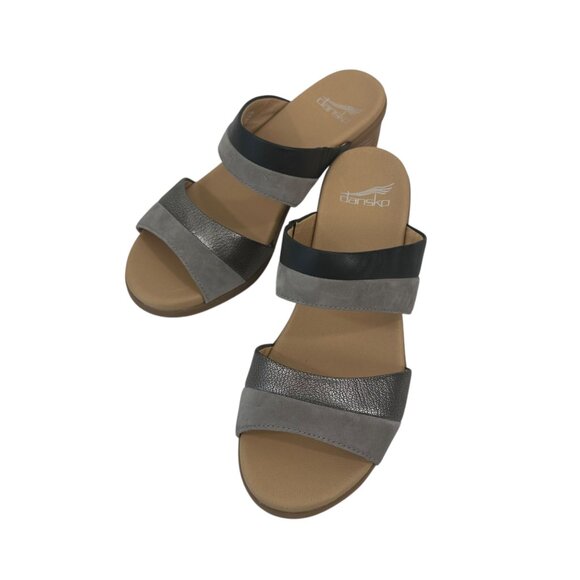 Dansko Womens Gray & Black Open-Toe Slide Sandals Size 38 Comfort Block Heels - Picture 2 of 16